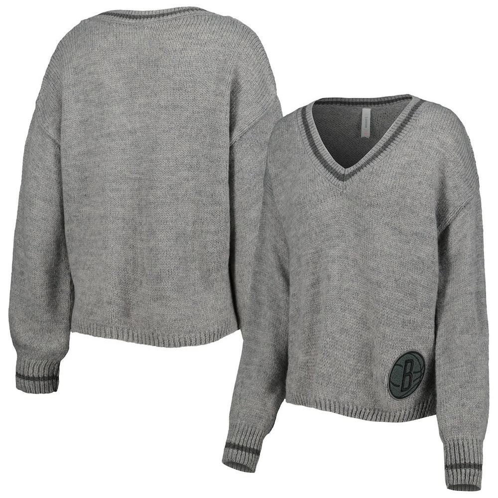 Brooklyn Nets Lusso Women's Scarletts Lantern Sleeve Tri-Blend V-Neck Pullover Sweater Gray