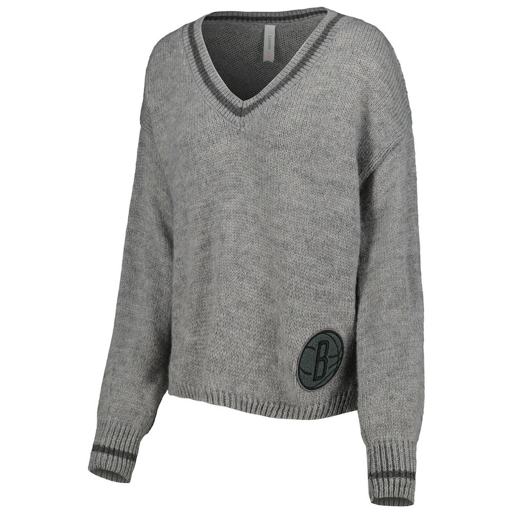 Brooklyn Nets Lusso Women's Scarletts Lantern Sleeve Tri-Blend V-Neck Pullover Sweater Gray