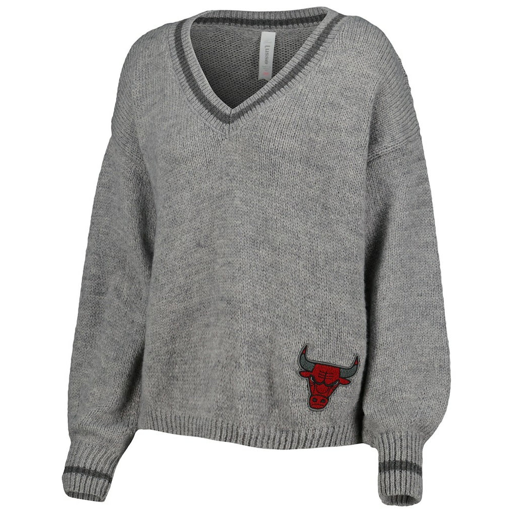 Chicago Bulls Lusso Women's Scarletts Lantern Sleeve Tri-Blend V-Neck Pullover Sweater Gray