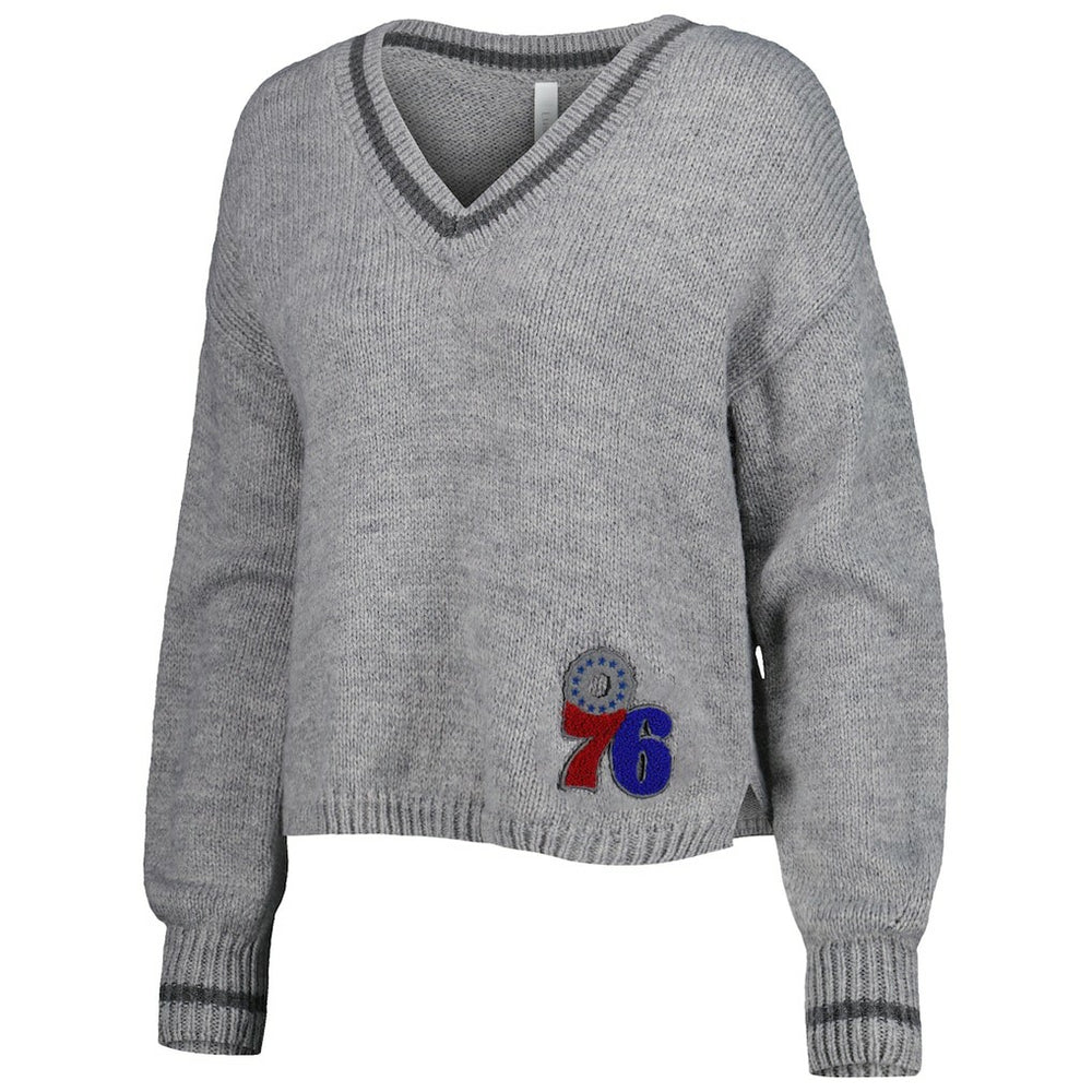 Philadelphia 76ers Lusso Women's Scarletts Lantern Sleeve Tri-Blend V-Neck Pullover Sweater Gray