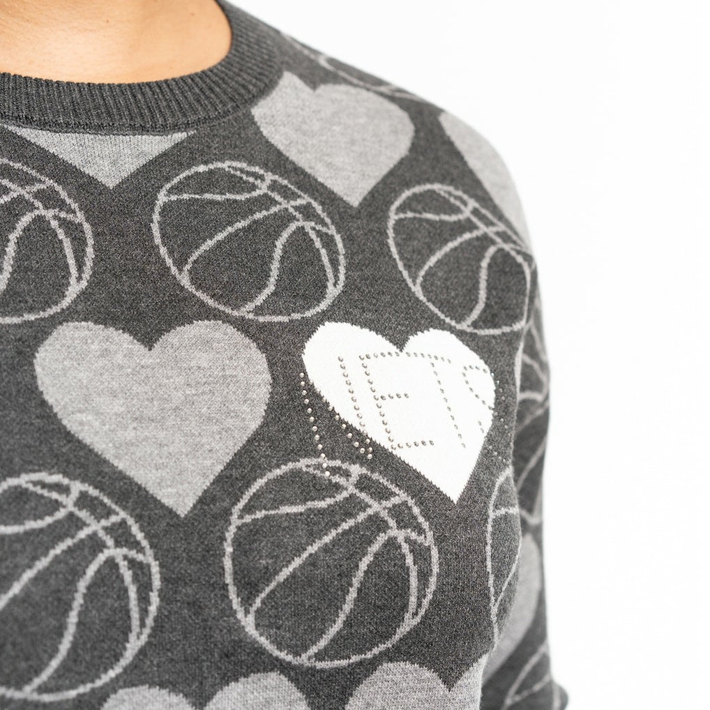 Brooklyn Nets Lusso Women's Basketball Love Swarovski Crystal Intarsia Pullover Sweater Charcoal