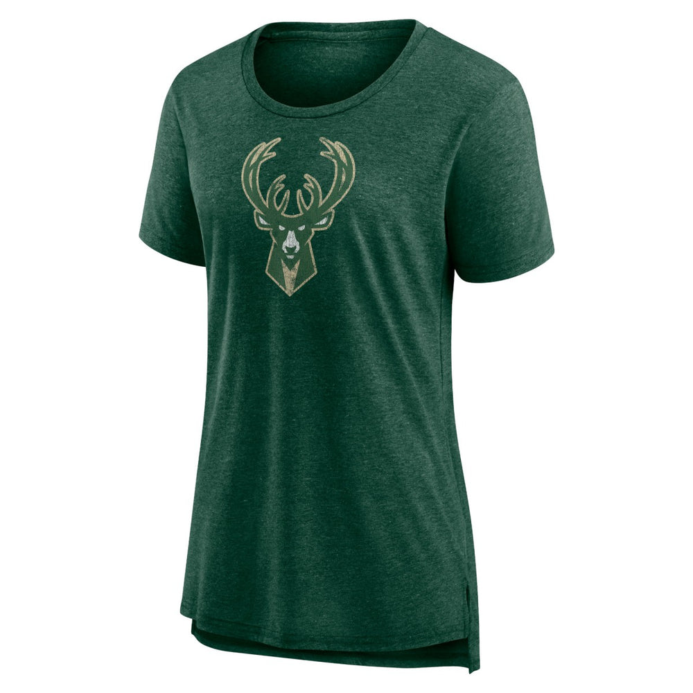 Milwaukee Bucks Women's Distressed Logo Tri-Blend T-Shirt Heather Hunter Green