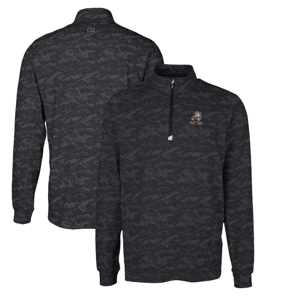 Cleveland Browns Cutter & Buck Throwback Logo Big & Tall Traverse Camo Print Stretch Quarter-Zip Pullover Top - Black - NFL