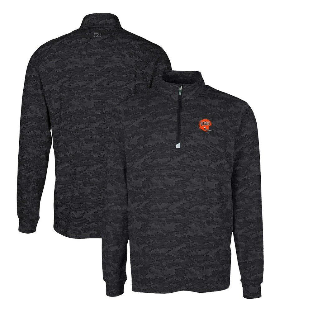 Cincinnati Bengals Cutter & Buck Throwback Logo Traverse Camo Print Stretch Quarter-Zip Pullover Top - Black - NFL