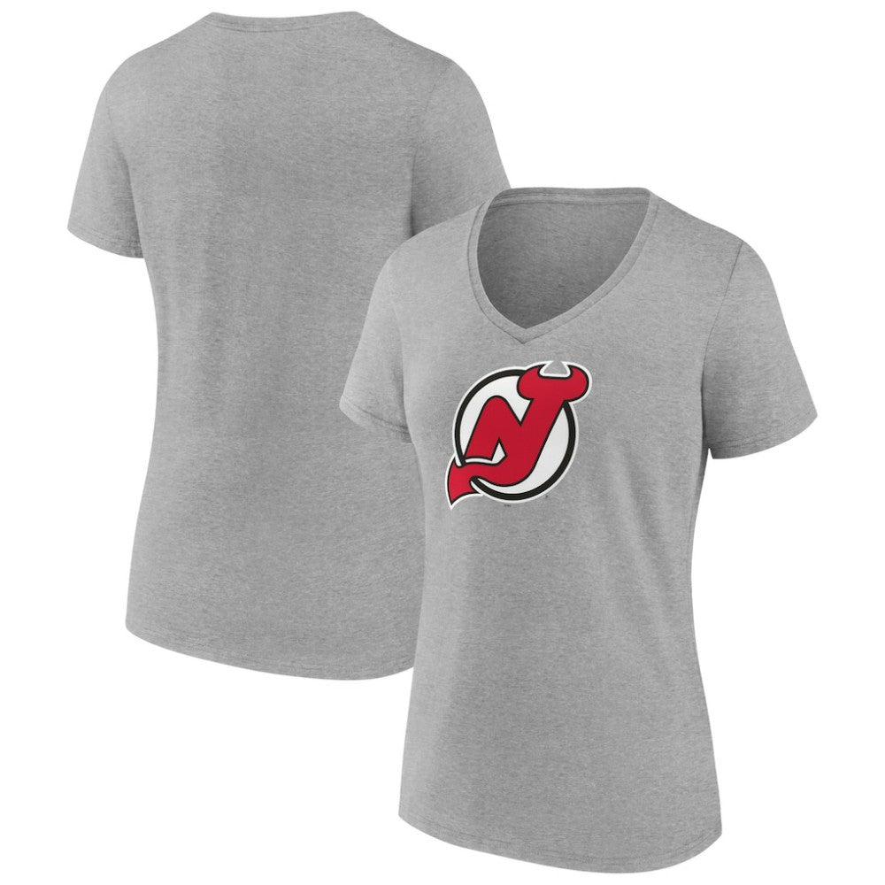 New Jersey Devils Women's Primary Logo Team V-Neck T-Shirt - Heather Gray | NHL on sale