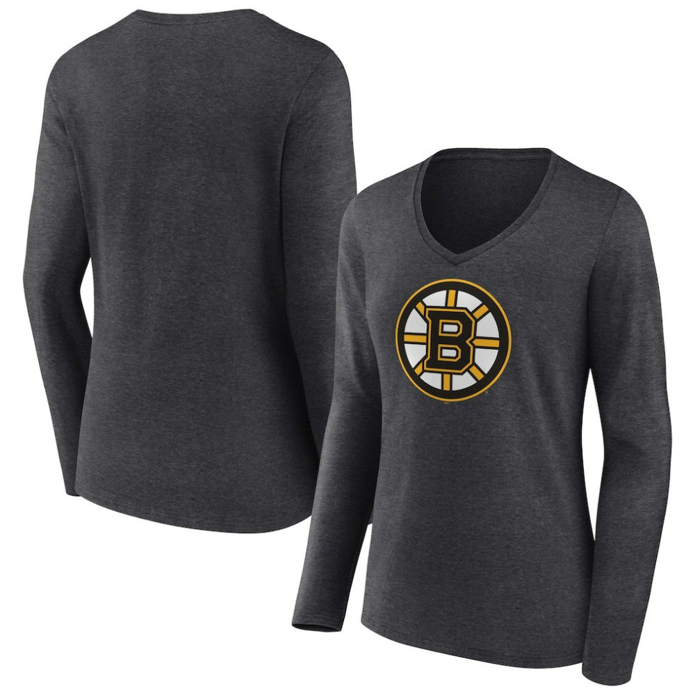 Boston Bruins Women's Primary Team Logo Long Sleeve V-Neck T-Shirt - Heather Charcoal | NHL Lifestyle