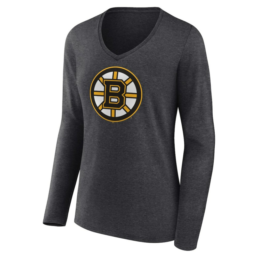 Boston Bruins Women's Primary Team Logo Long Sleeve V-Neck T-Shirt - Heather Charcoal | NHL Lifestyle