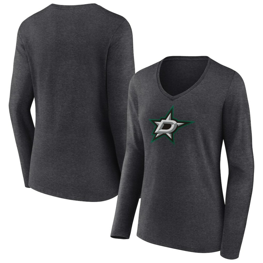 Dallas Stars Women's Primary Team Logo Long Sleeve V-Neck T-Shirt - Heather Charcoal | NHL Lifestyle