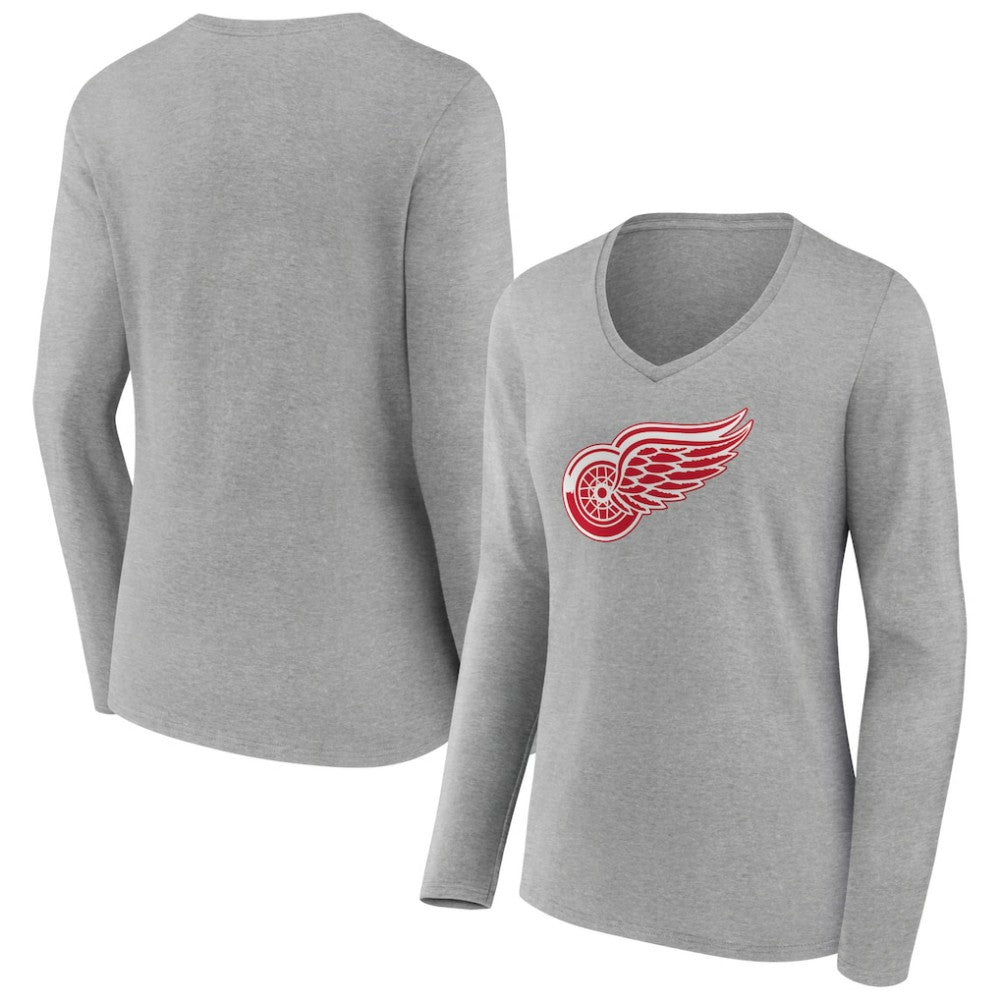 Detroit Red Wings Women's Primary Logo Team Long Sleeve V-Neck T-Shirt - Heather Gray | NHL Clearance