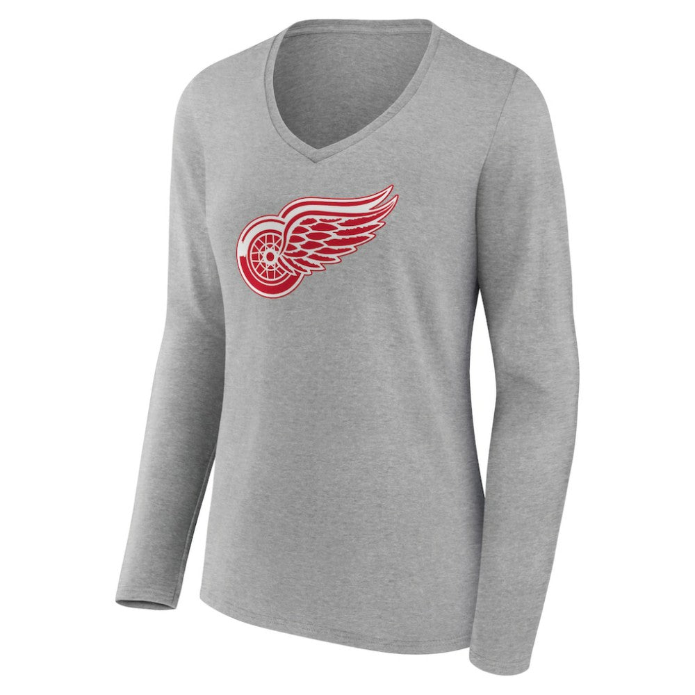 Detroit Red Wings Women's Primary Logo Team Long Sleeve V-Neck T-Shirt - Heather Gray | NHL Clearance