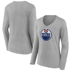 Edmonton Oilers Women's Primary Logo Team Long Sleeve V-Neck T-Shirt - Heather Gray | NHL Lifestyle