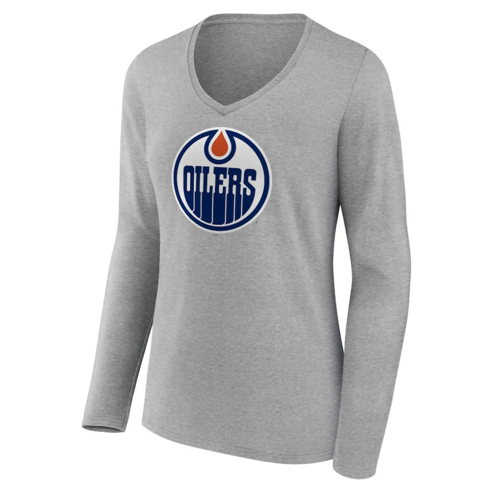 Edmonton Oilers Women's Primary Logo Team Long Sleeve V-Neck T-Shirt - Heather Gray | NHL Lifestyle