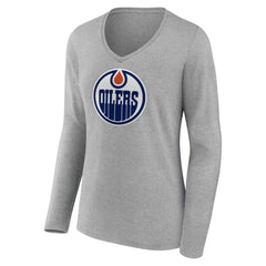 Edmonton Oilers Women's Primary Logo Team Long Sleeve V-Neck T-Shirt - Heather Gray | NHL Lifestyle