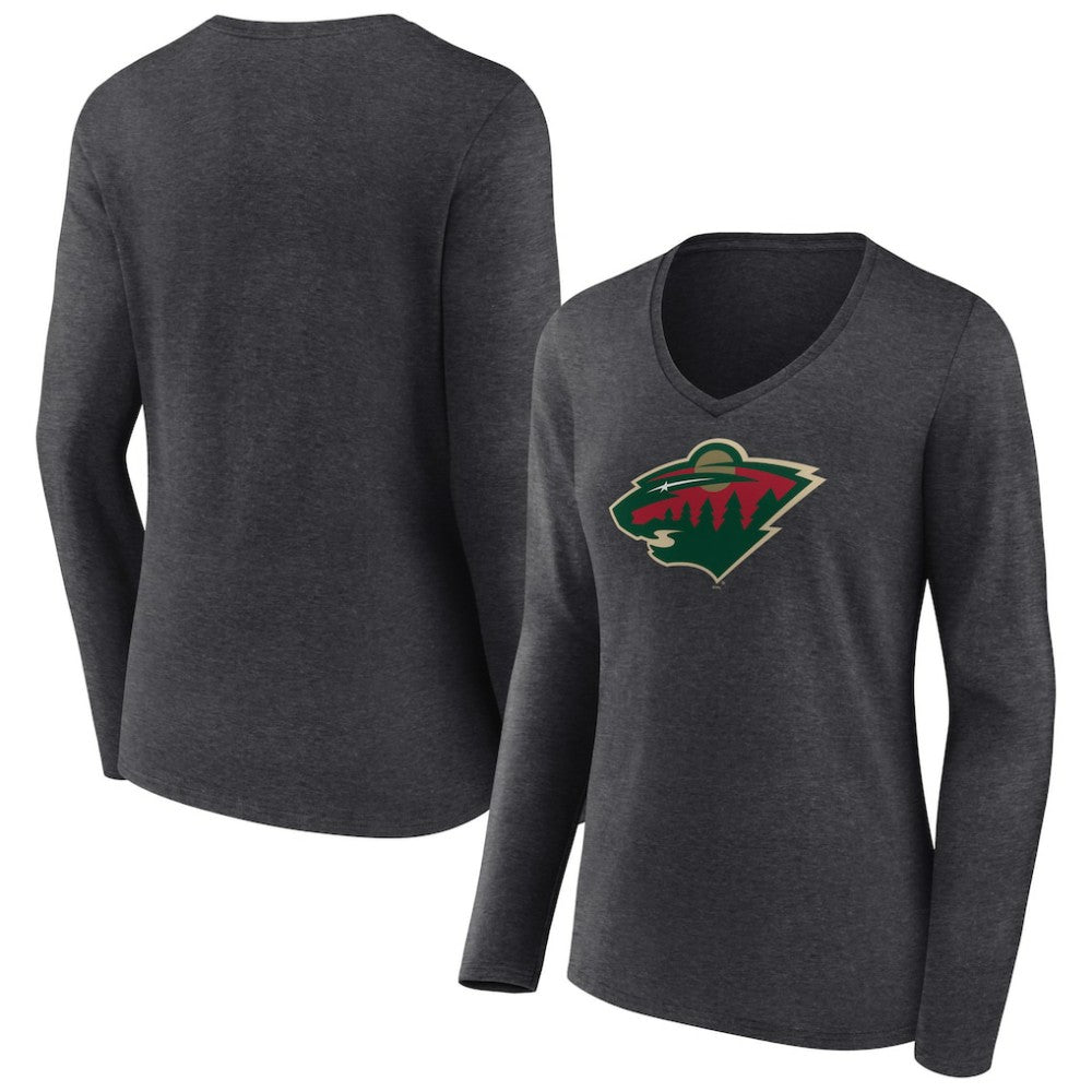 Minnesota Wild Women's Primary Team Logo Long Sleeve V-Neck T-Shirt - Heather Charcoal | NHL Clearance
