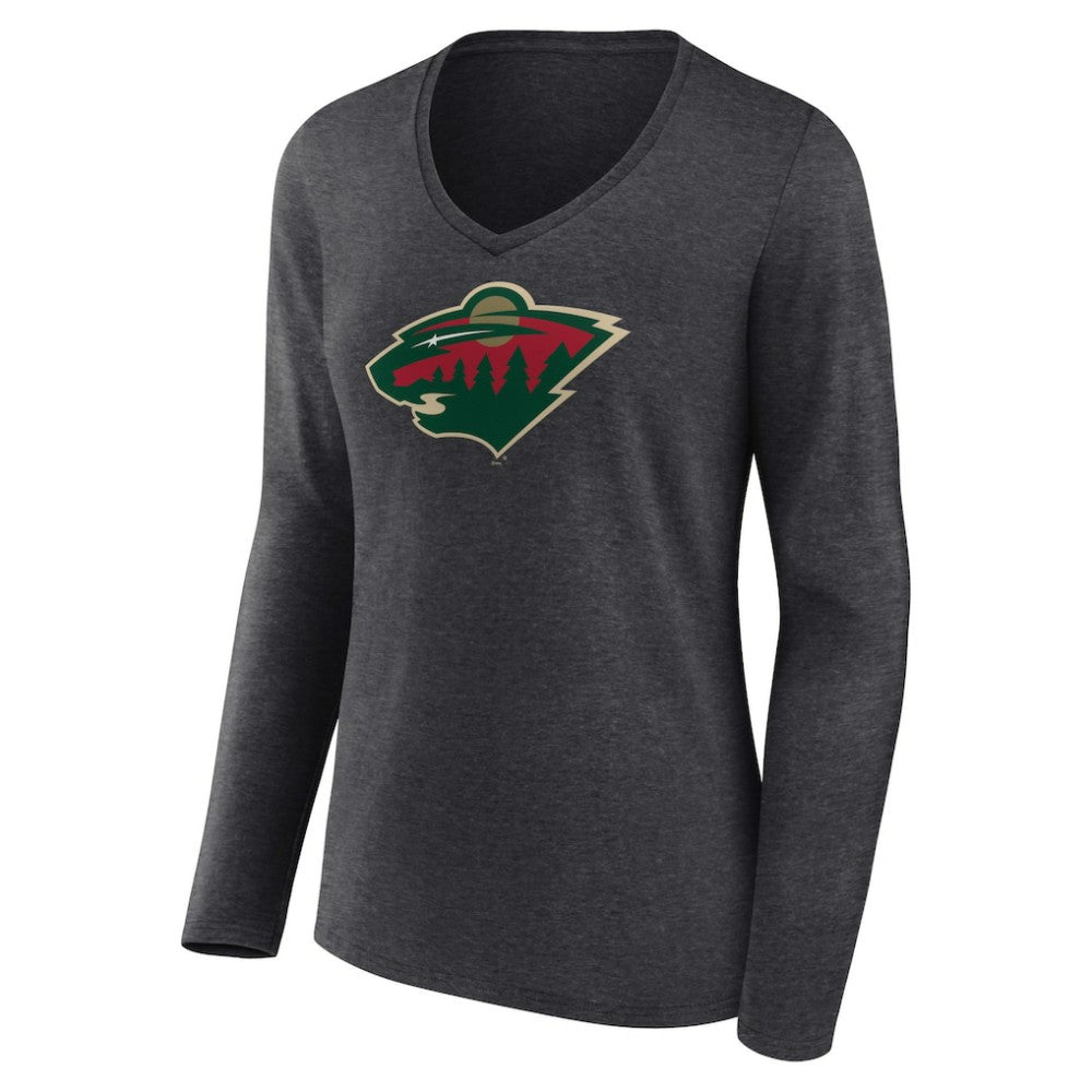 Minnesota Wild Women's Primary Team Logo Long Sleeve V-Neck T-Shirt - Heather Charcoal | NHL Clearance