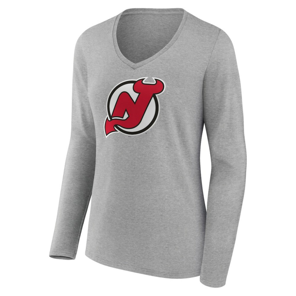 New Jersey Devils Women's Primary Logo Team Long Sleeve V-Neck T-Shirt - Heather Gray | NHL discount