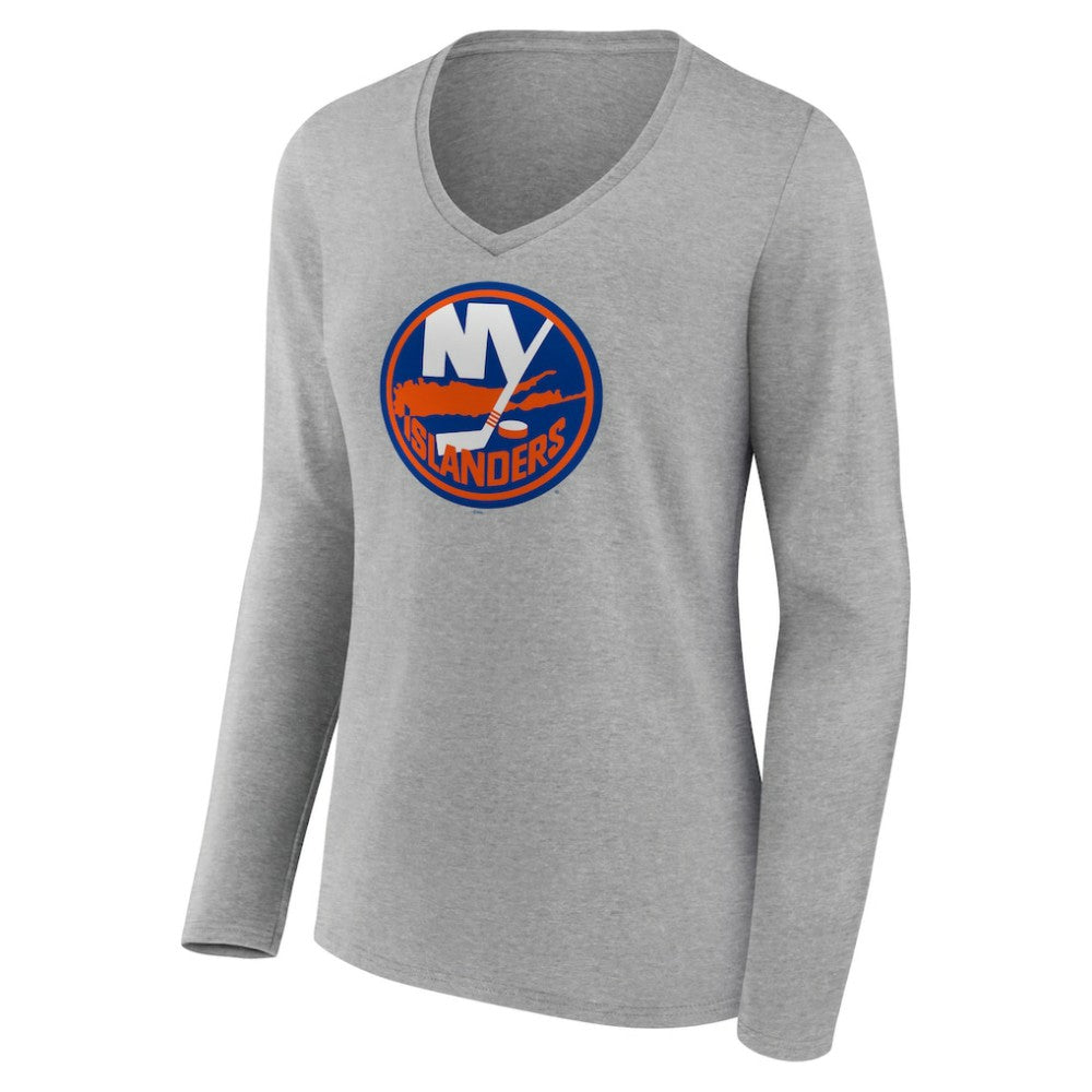 New York Islanders Women's Primary Logo Team Long Sleeve V-Neck T-Shirt - Heather Gray | NHL near me