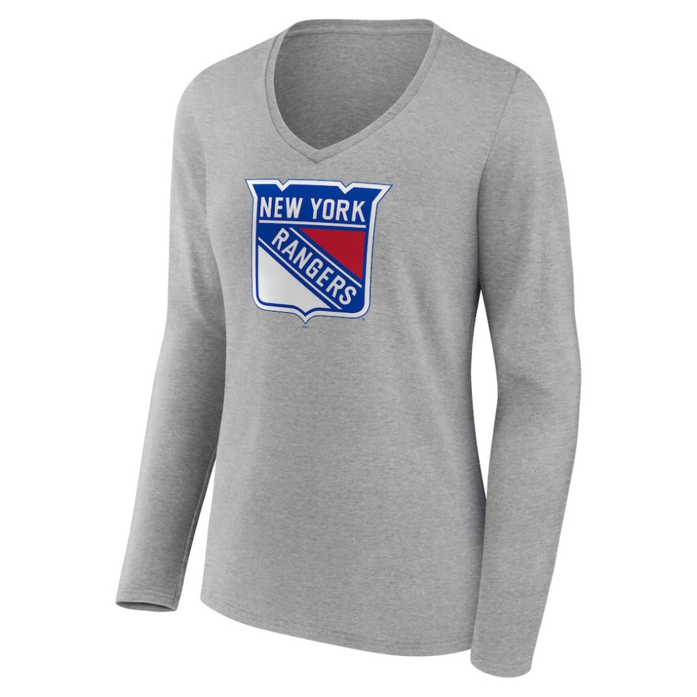 New York Rangers Women's Primary Logo Team Long Sleeve V-Neck T-Shirt - Heather Gray | NHL near me