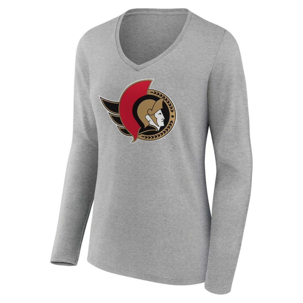 Ottawa Senators Women's Primary Logo Team Long Sleeve V-Neck T-Shirt - Heather Gray | NHL Clearance