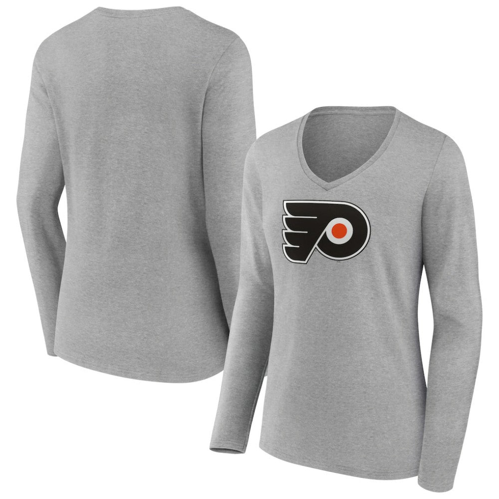 Philadelphia Flyers Women's Primary Logo Team Long Sleeve V-Neck T-Shirt - Heather Gray | NHL Clearance