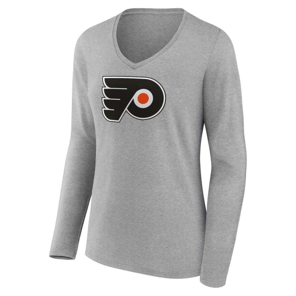 Philadelphia Flyers Women's Primary Logo Team Long Sleeve V-Neck T-Shirt - Heather Gray | NHL Clearance