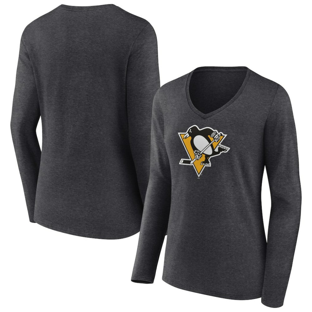 Pittsburgh Penguins Women's Primary Team Logo Long Sleeve V-Neck T-Shirt - Heather Charcoal | NHL on sale