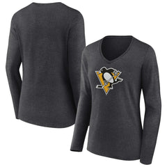 Pittsburgh Penguins Women's Primary Team Logo Long Sleeve V-Neck T-Shirt - Heather Charcoal | NHL on sale