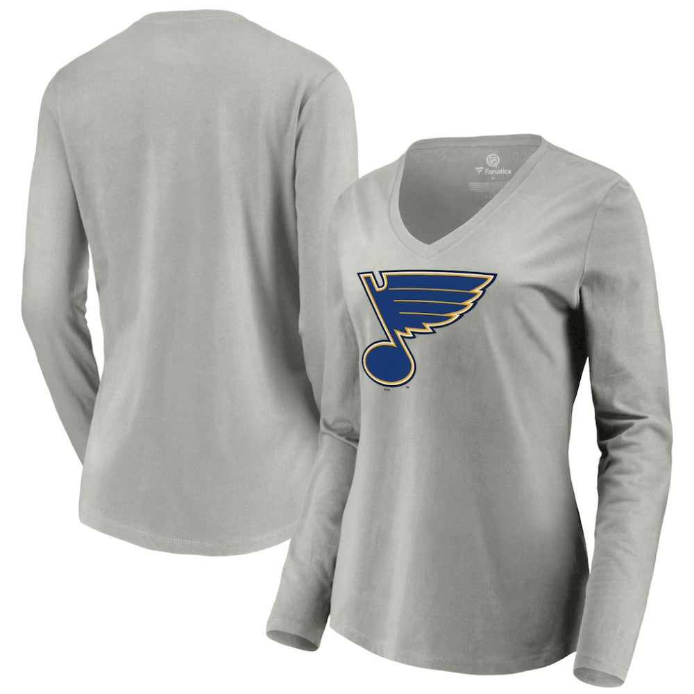 St. Louis Blues Women's Primary Logo Team Long Sleeve V-Neck T-Shirt - Heather Gray | NHL near me