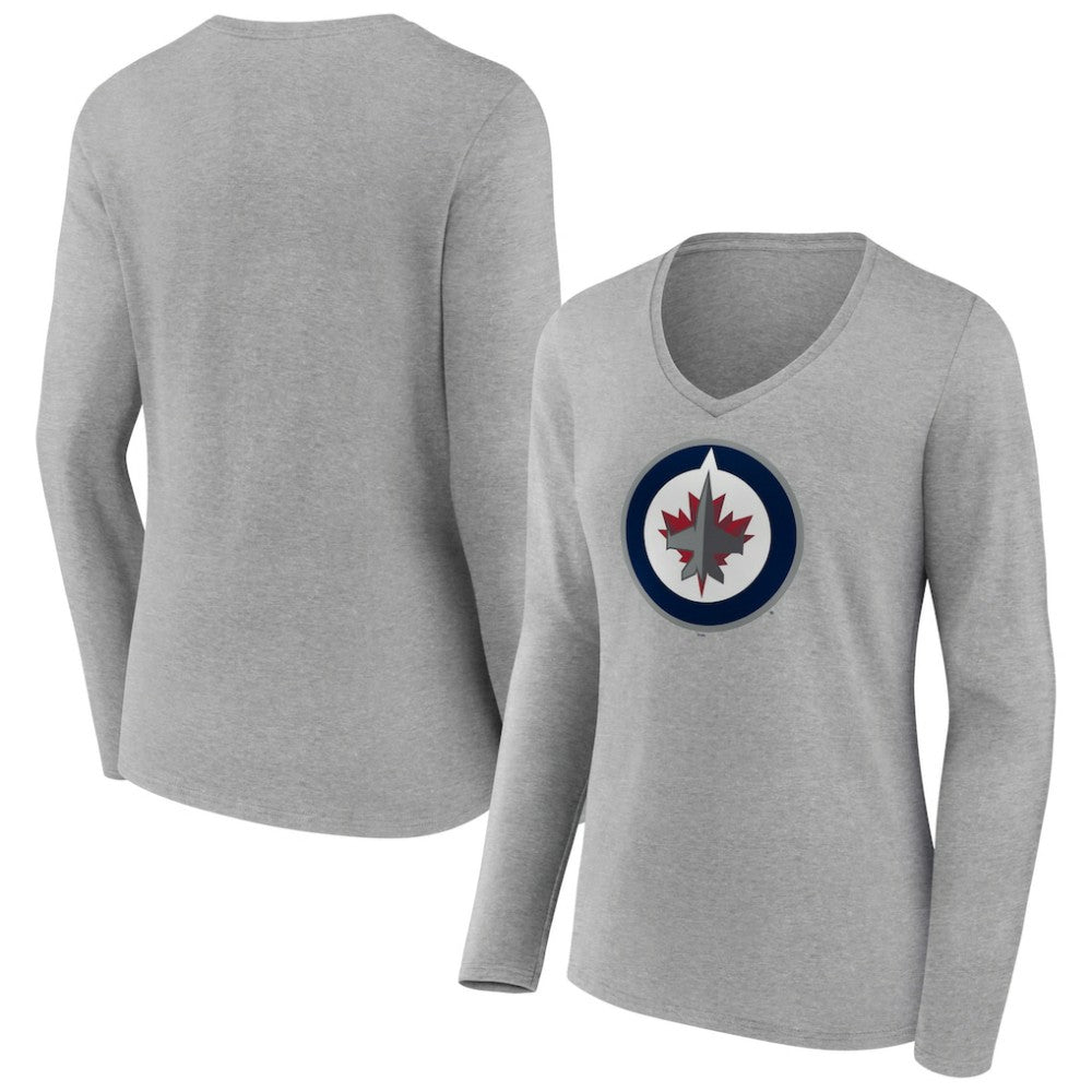 Winnipeg Jets Women's Primary Logo Team Long Sleeve V-Neck T-Shirt - Heather Gray | NHL Clearance