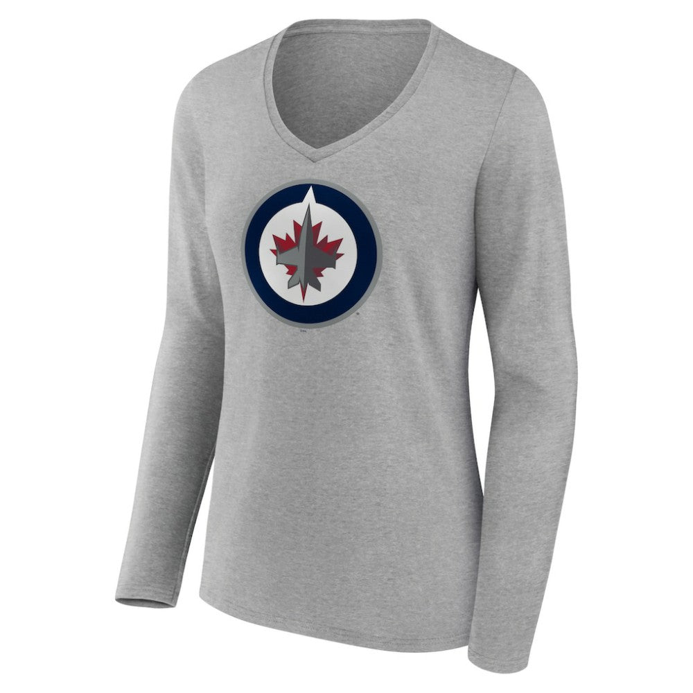 Winnipeg Jets Women's Primary Logo Team Long Sleeve V-Neck T-Shirt - Heather Gray | NHL Clearance
