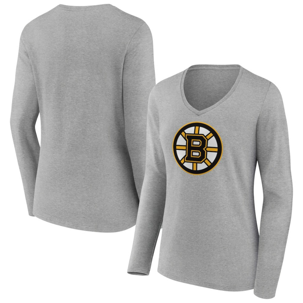 Boston Bruins Women's Primary Logo Team Long Sleeve V-Neck T-Shirt - Heather Gray | NHL discount