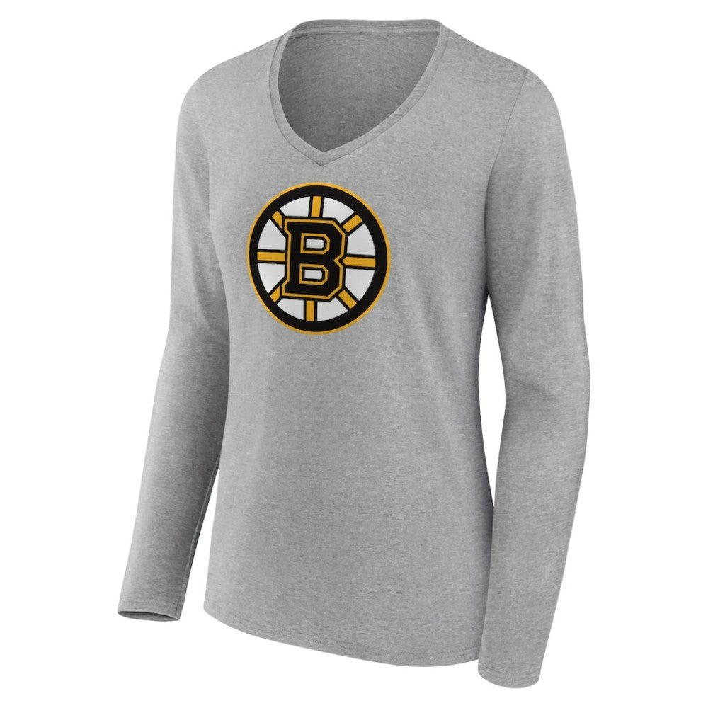 Boston Bruins Women's Primary Logo Team Long Sleeve V-Neck T-Shirt - Heather Gray | NHL discount