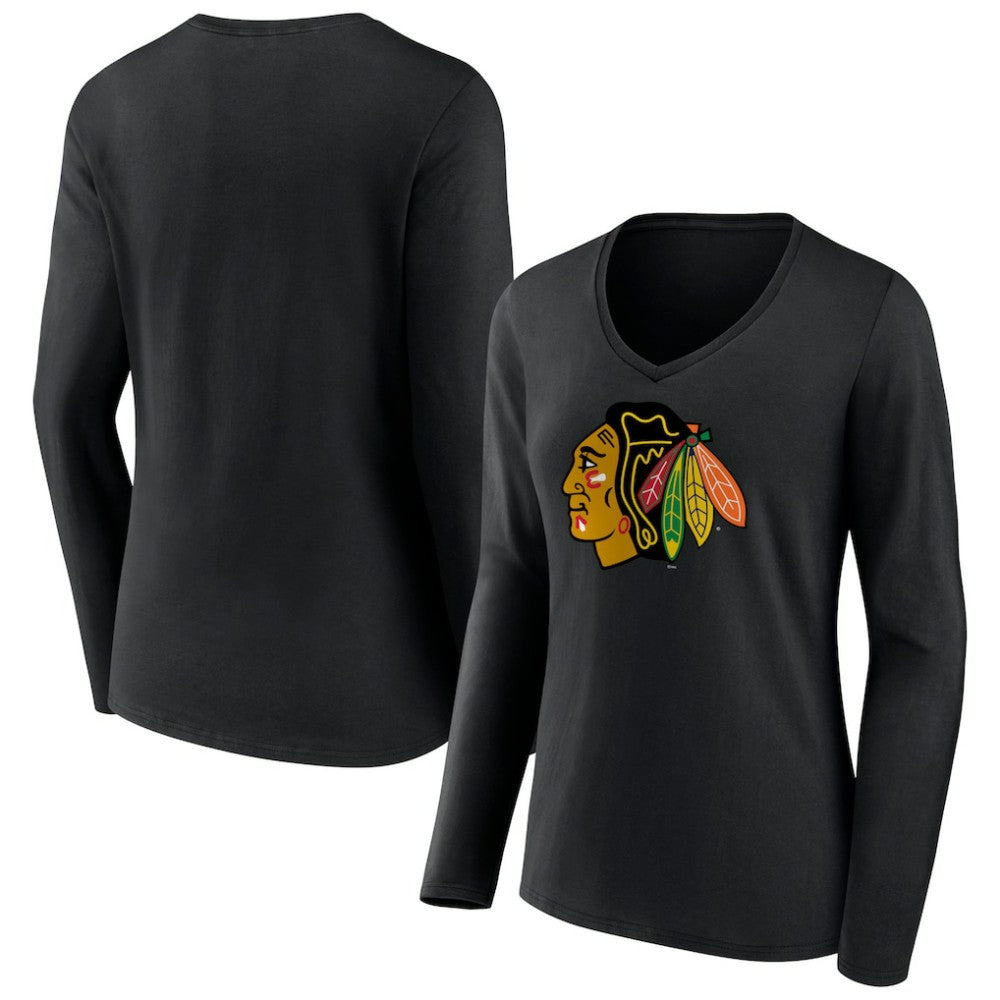 Chicago Blackhawks Women's Primary Team Logo Long Sleeve V-Neck T-Shirt - Black | NHL sale