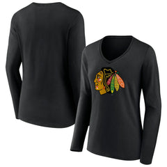 Chicago Blackhawks Women's Primary Team Logo Long Sleeve V-Neck T-Shirt - Black | NHL sale