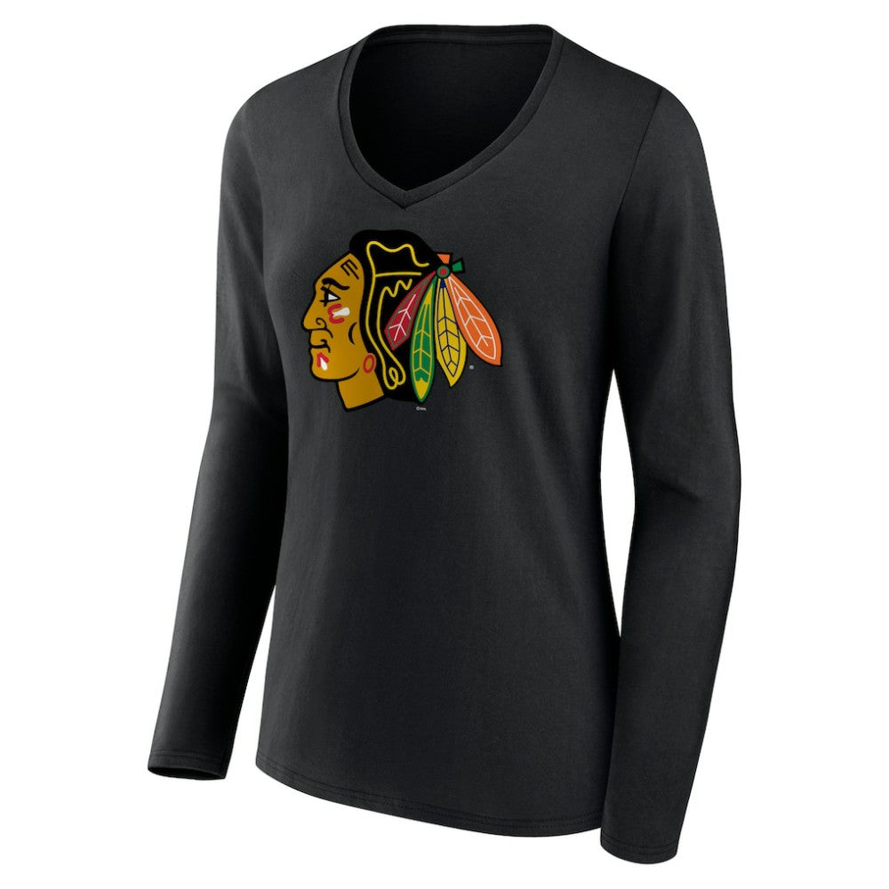 Chicago Blackhawks Women's Primary Team Logo Long Sleeve V-Neck T-Shirt - Black | NHL sale