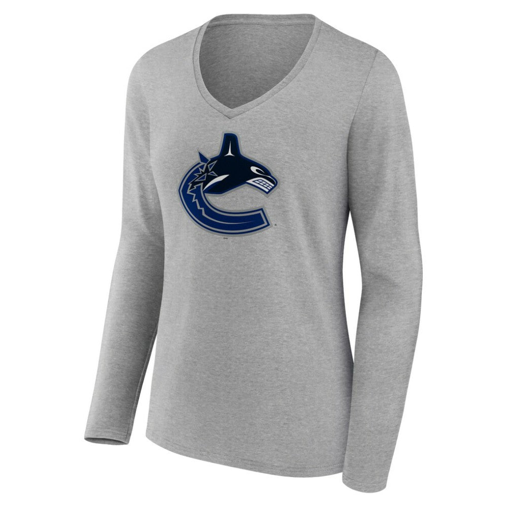 Vancouver Canucks Women's Primary Logo Team Long Sleeve V-Neck T-Shirt - Heather Gray | NHL near me