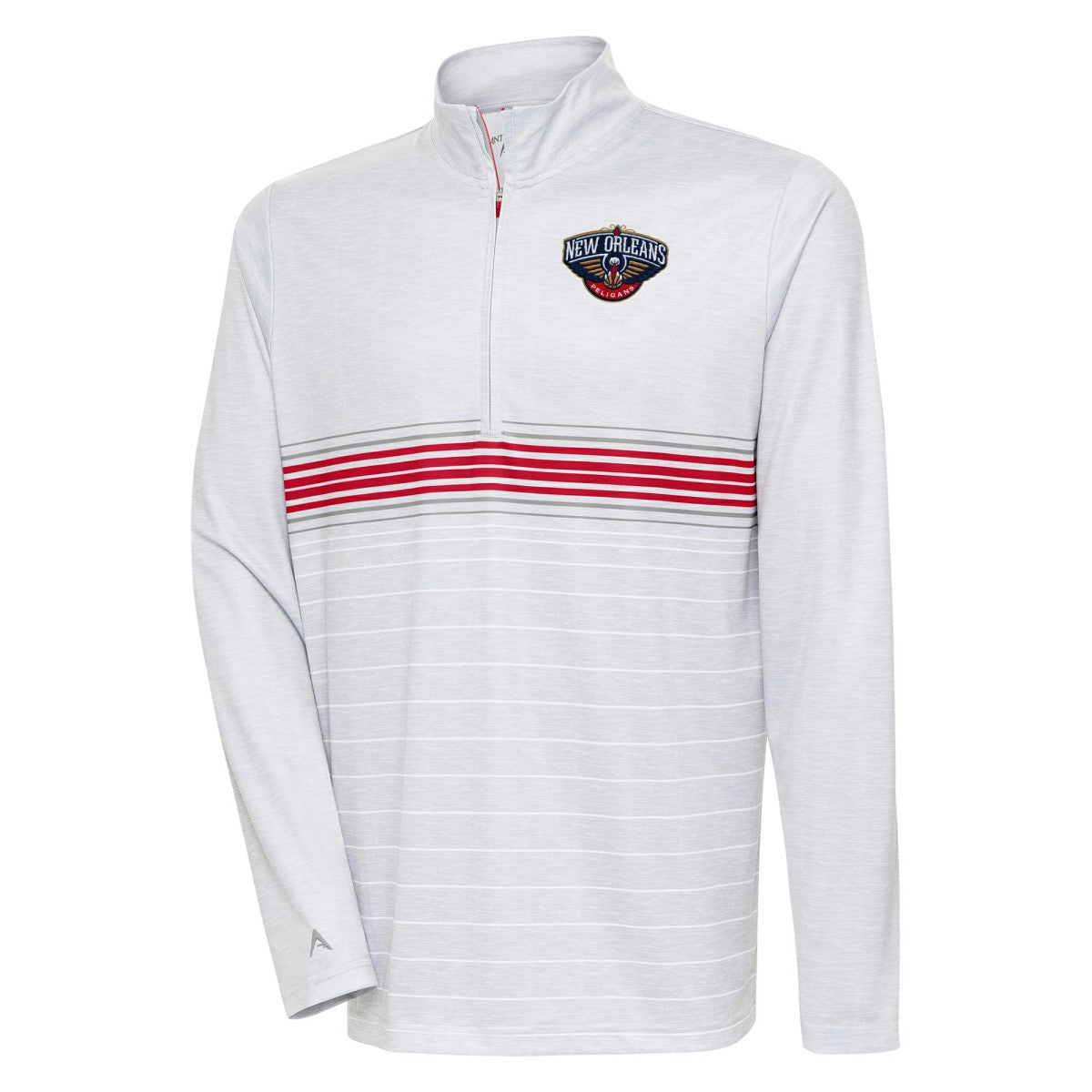 New Orleans Pelicans Antigua Bullseye Quarter-Zip Pullover Top Heather Gray/Red