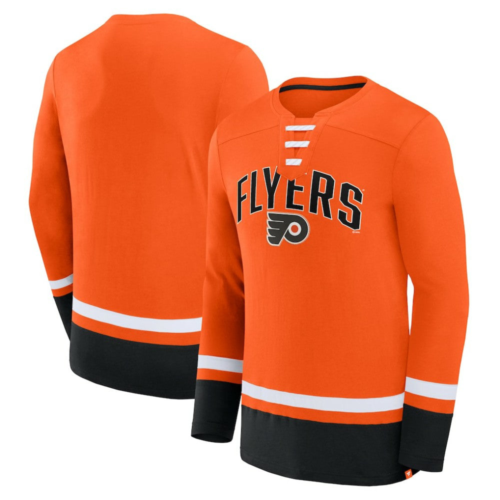 Philadelphia Flyers Fanatics Back Pass Lace-Up Long Sleeve T-Shirt - Orange | Fanatics Lifestyle