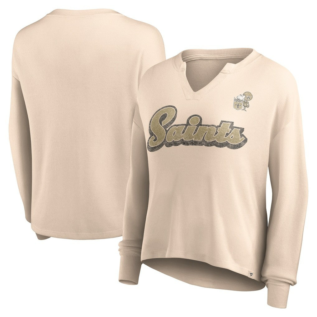 New Orleans Saints Women's Go For It Notch Neck Waffle Knit Lightweight Long Sleeve T-Shirt - Tan - Fanatics