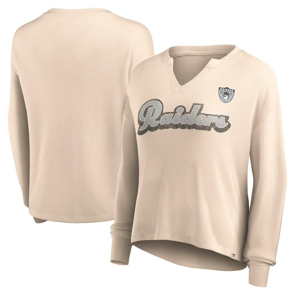 Las Vegas Raiders Women's Go For It Notch Neck Waffle Knit Lightweight Long Sleeve T-Shirt - Tan - Fanatics