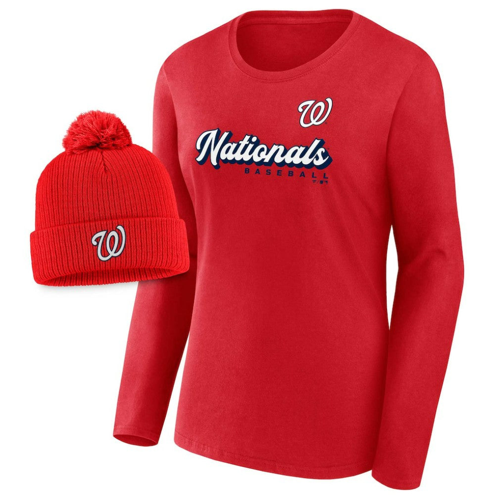 Washington Nationals Fanatics Women's Run The Bases Long Sleeve T-Shirt & Cuffed Knit Hat with Pom Combo Set Discount