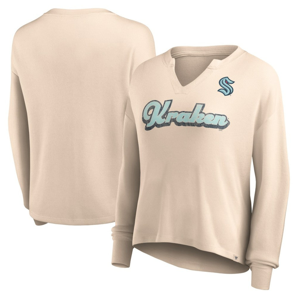 Seattle Kraken Fanatics Women's Go For It Notch Neck Waffle Knit Long Sleeve T-Shirt - Oatmeal | Fanatics sale