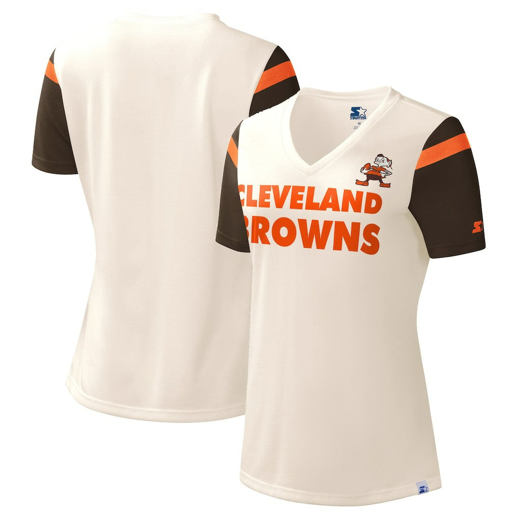 Cleveland Browns Starter Women's Kick Start V-Neck T-Shirt - Cream - NFL