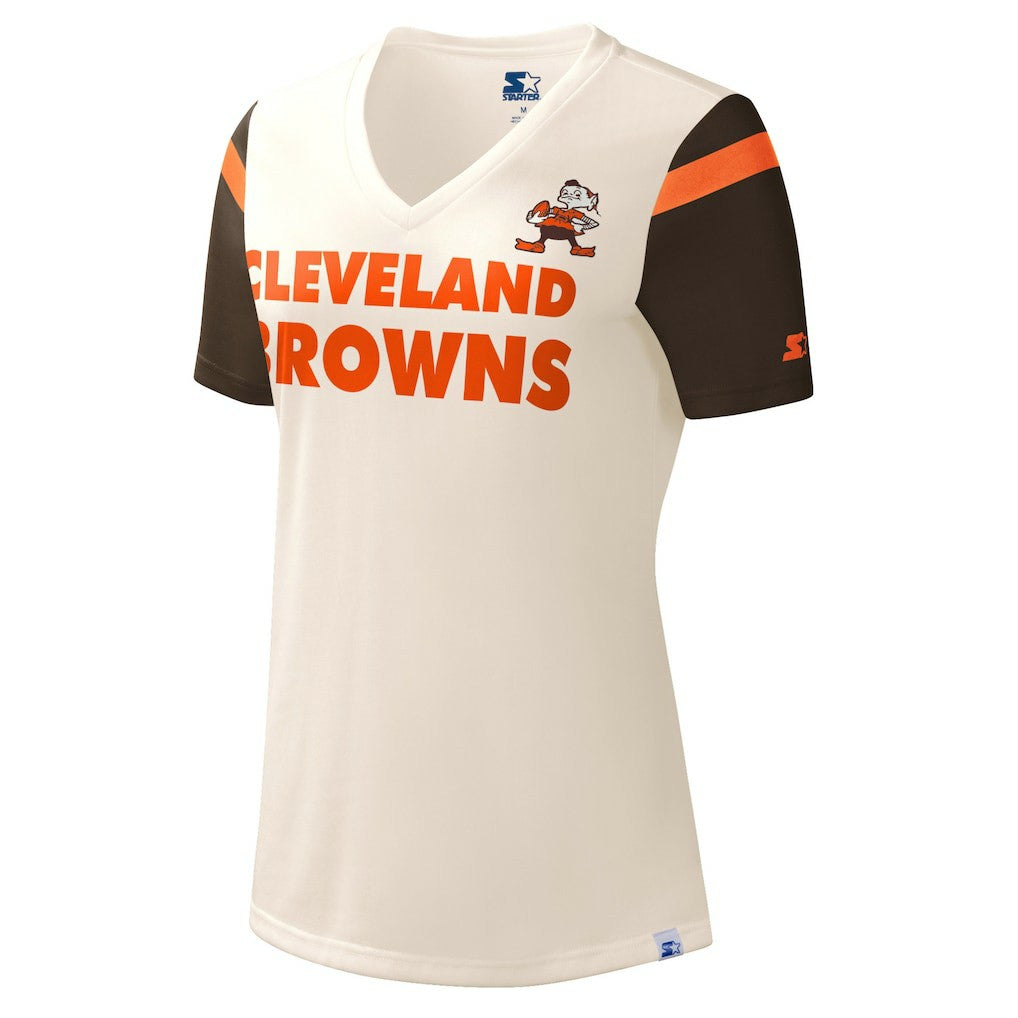 Cleveland Browns Starter Women's Kick Start V-Neck T-Shirt - Cream - NFL