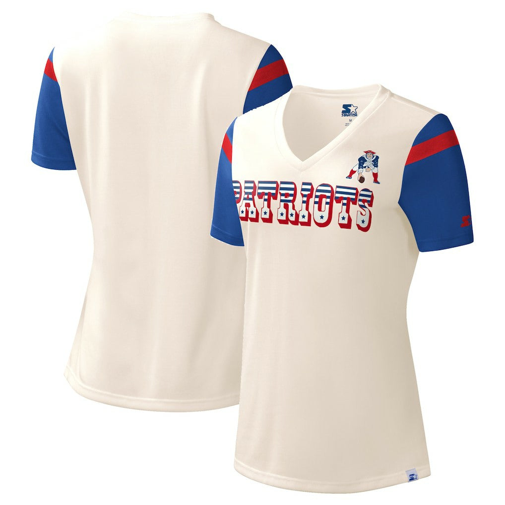 New England Patriots Starter Women's Kick Start V-Neck T-Shirt - Cream - NFL