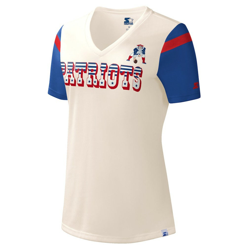 New England Patriots Starter Women's Kick Start V-Neck T-Shirt - Cream - NFL