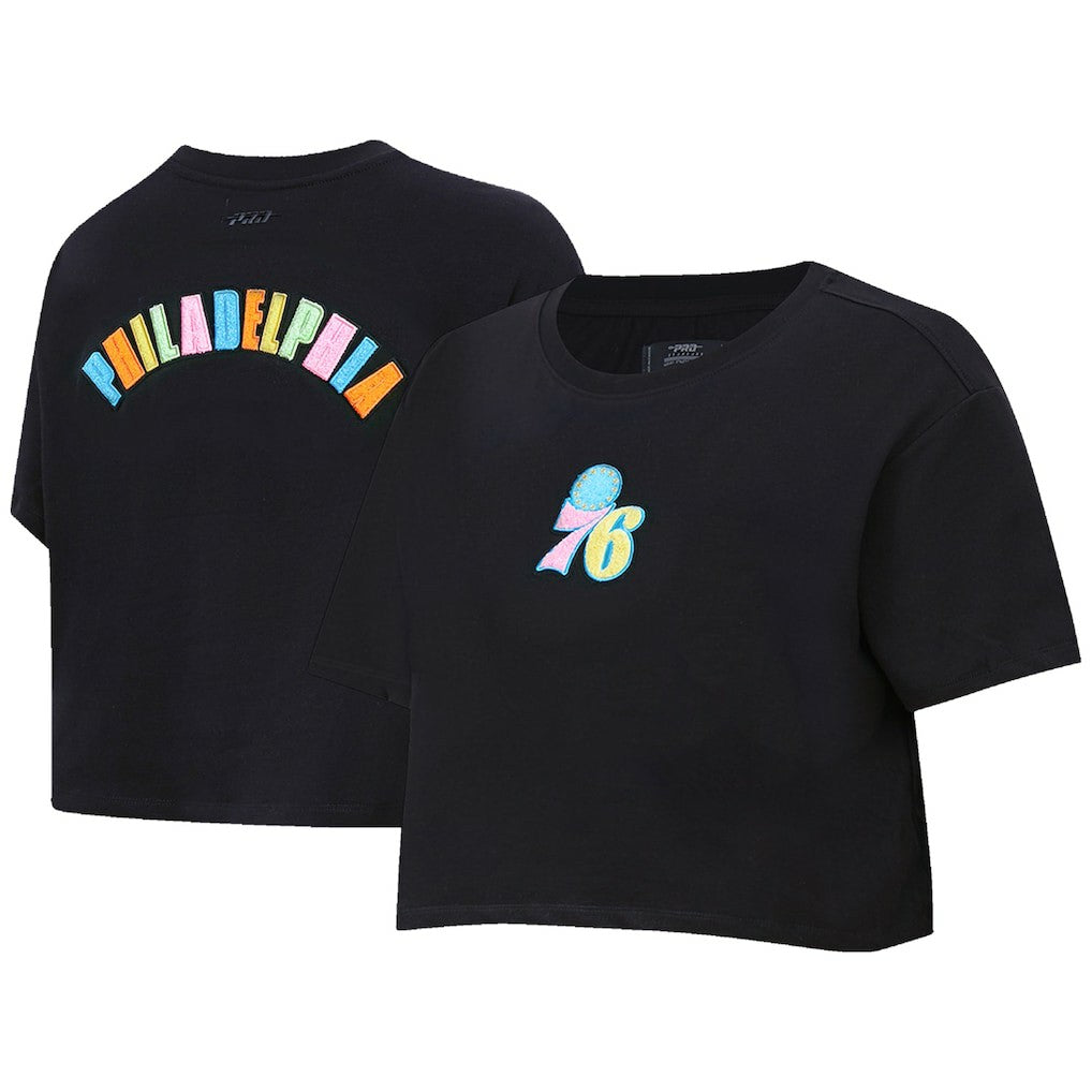 Philadelphia 76ers Pro Standard Women's Washed Neon Cropped Boxy T-Shirt Black