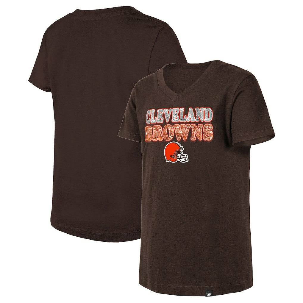 Cleveland Browns New Era Girls Youth Reverse Sequin V-Neck T-Shirt - Brown - NFL