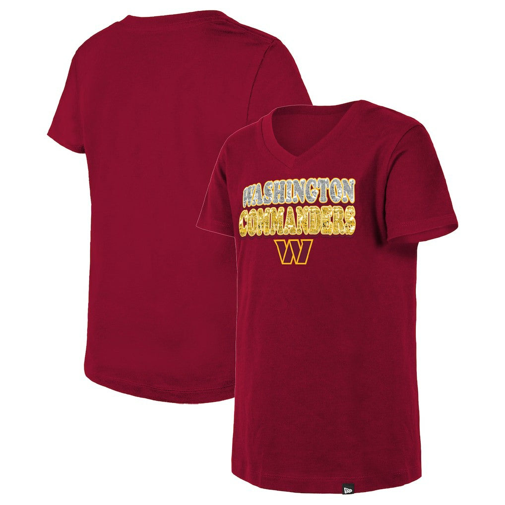 Washington Commanders New Era Girls Youth Reverse Sequin V-Neck T-Shirt - Burgundy - NFL