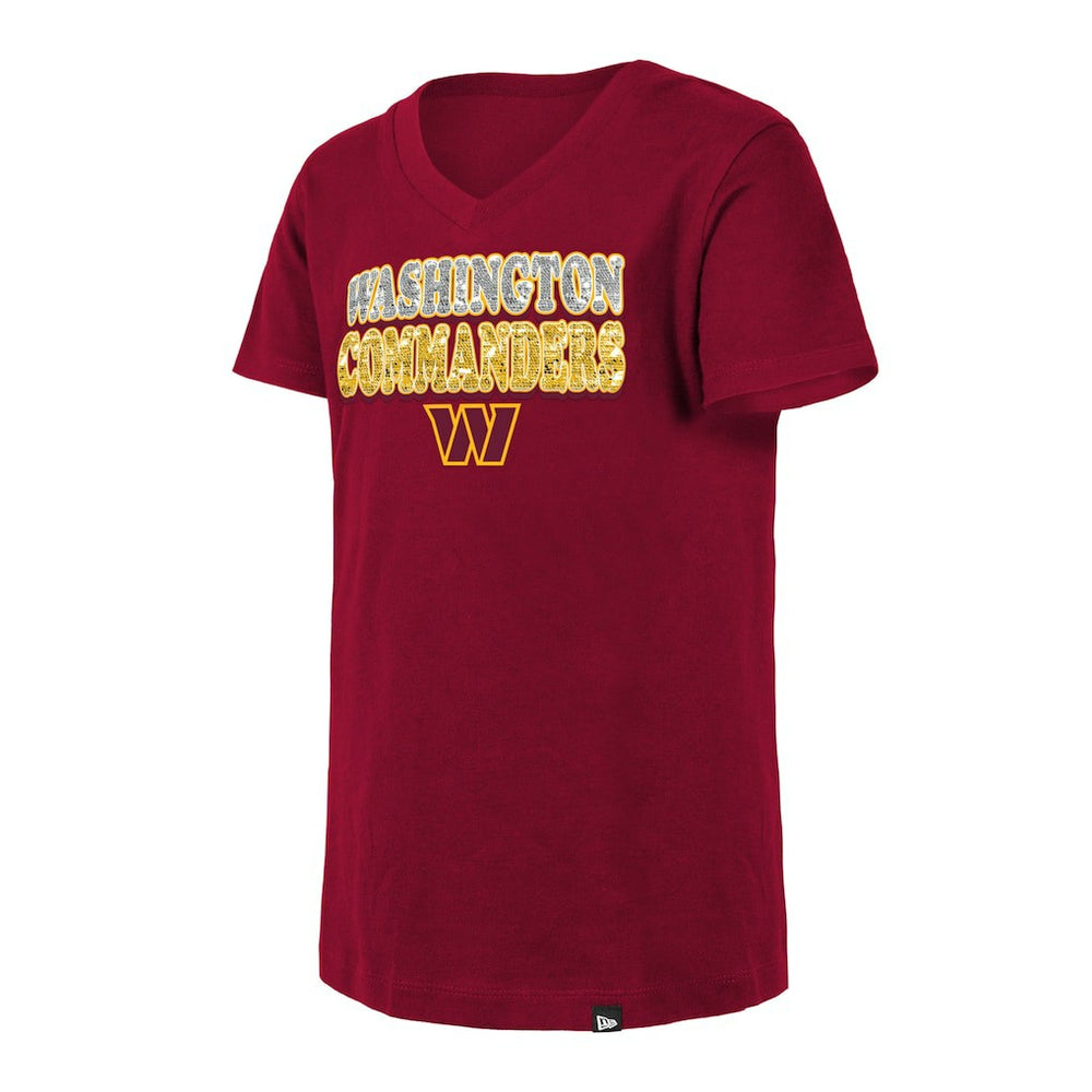 Washington Commanders New Era Girls Youth Reverse Sequin V-Neck T-Shirt - Burgundy - NFL
